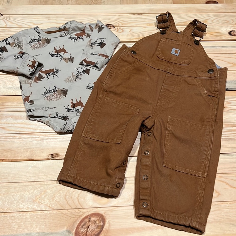 ☃️ EUC - Carhartt Flannel Lined Overalls and Long Sleeve Onesie!